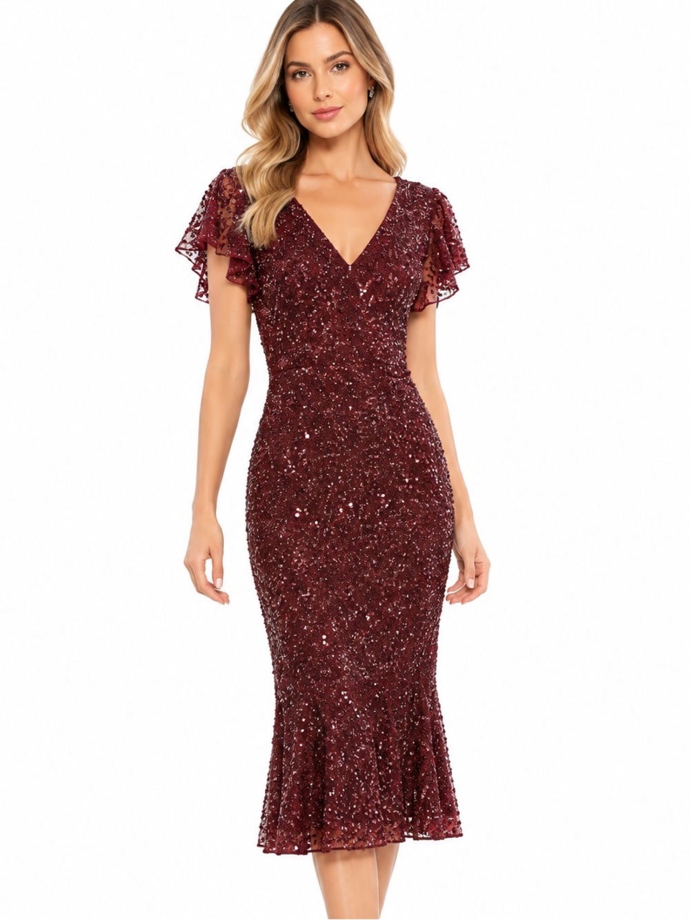 NWT Mac Duggal A10801 Sequined Midi Dress with Flutter Sleeves Garnet Red Size 2